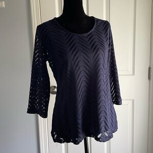 Chico’s Top Lace Overlay. Navy Blue. 3/4 sleeves. Size 1.